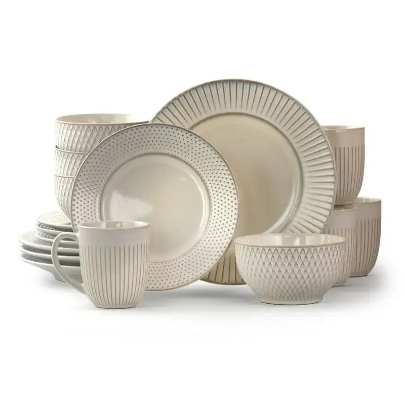 

Market Finds 16 Piece Round Stoneware Dinnerware Set in Embossed White
