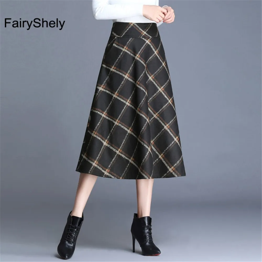 

FairyShely, Осень-зима 2023, Женская юбка до колена с высокой талией, повседневная шерстяная сетчатая юбка с карманами, Женская клетчатая трапециевидная юбка