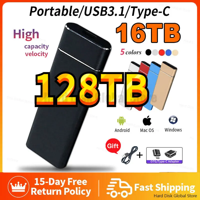 

Оригинальный портативный внешний жесткий диск SSD, внешний жесткий диск на 1 ТБ, высокоскоростной твердотельный жесткий диск USB 3,0 Type-C для ноутбуков/телефонов