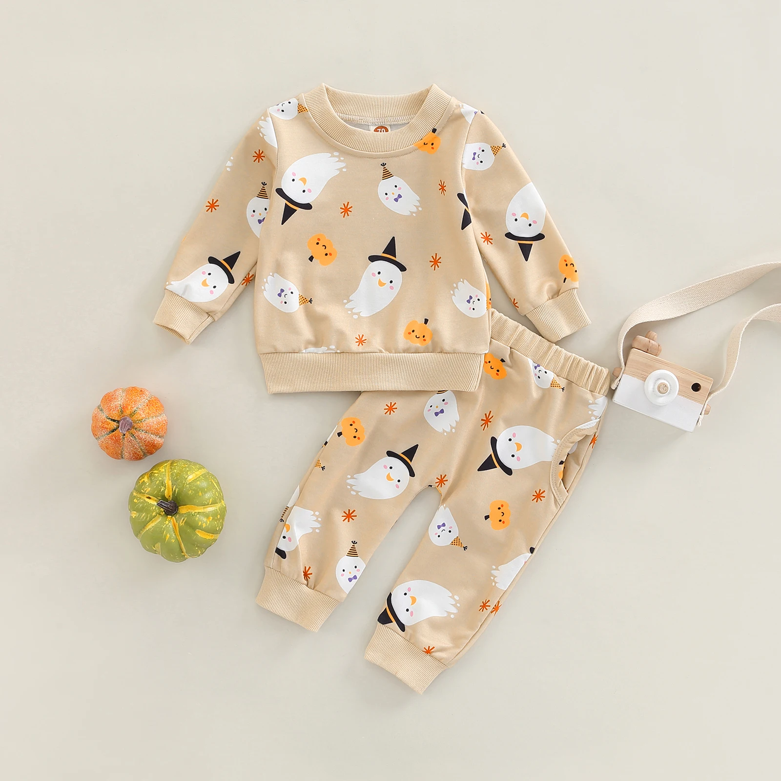 

Infant Baby Halloween Set Round Neck Long Sleeve Ghost Pumpkin Pattern Print Pullover Tops Elastic Waist Trousers with Pocket