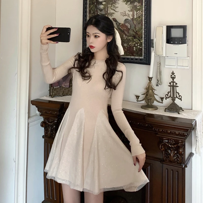 

Knitted Sweater Dress Women 2022 Winter Casual French Vintage Evening Party Knit Dress Female Long Sleeve One-piece Dress Korean