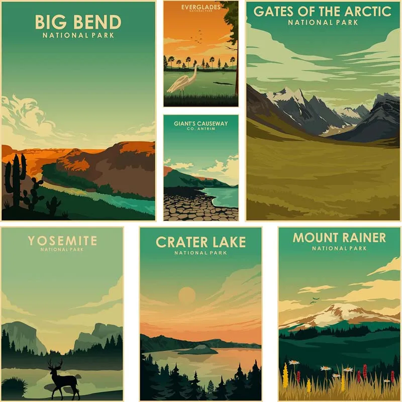 

Vintage Cartoon Nature Landscape Posters Kraft Paper National Park Poster Painting Pictures Wall Art Decor Home Study Bar Mural