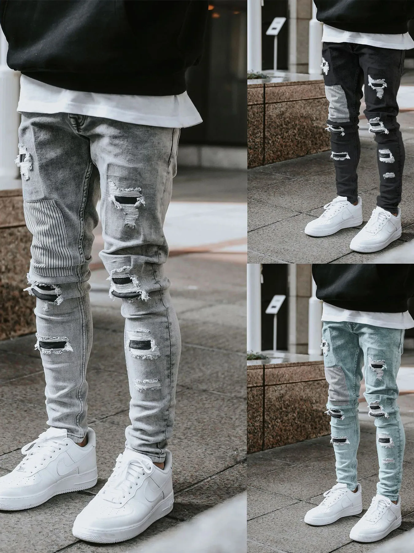 Fashion Ripped Patch Men's Trousers Classic Color Slim Stretch Small Leg Jeans High Street Casual Trend Youth Quality Jeans 2022