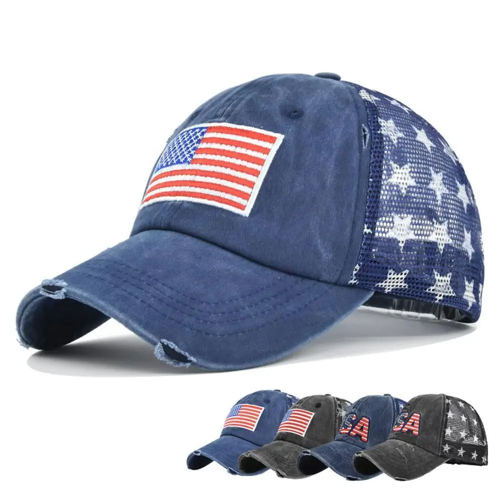 

3D Embroidered Baseball Cap Washed Flag Of The United States Net Cap Cap Embroidered Cap Pentagram Mesh Z8V6