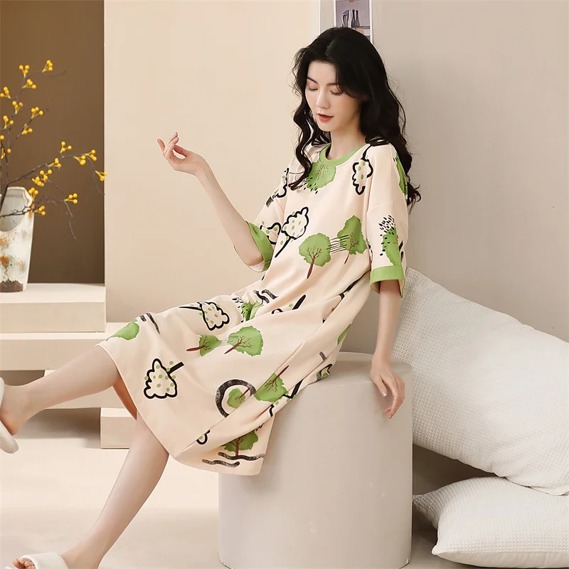 CAIYIER Big Size 5XL Women Cotton Nightdress O-Neck Short Sleeve Sleepdress With Chest Pad Casual Girls Summer Pocket Dresses