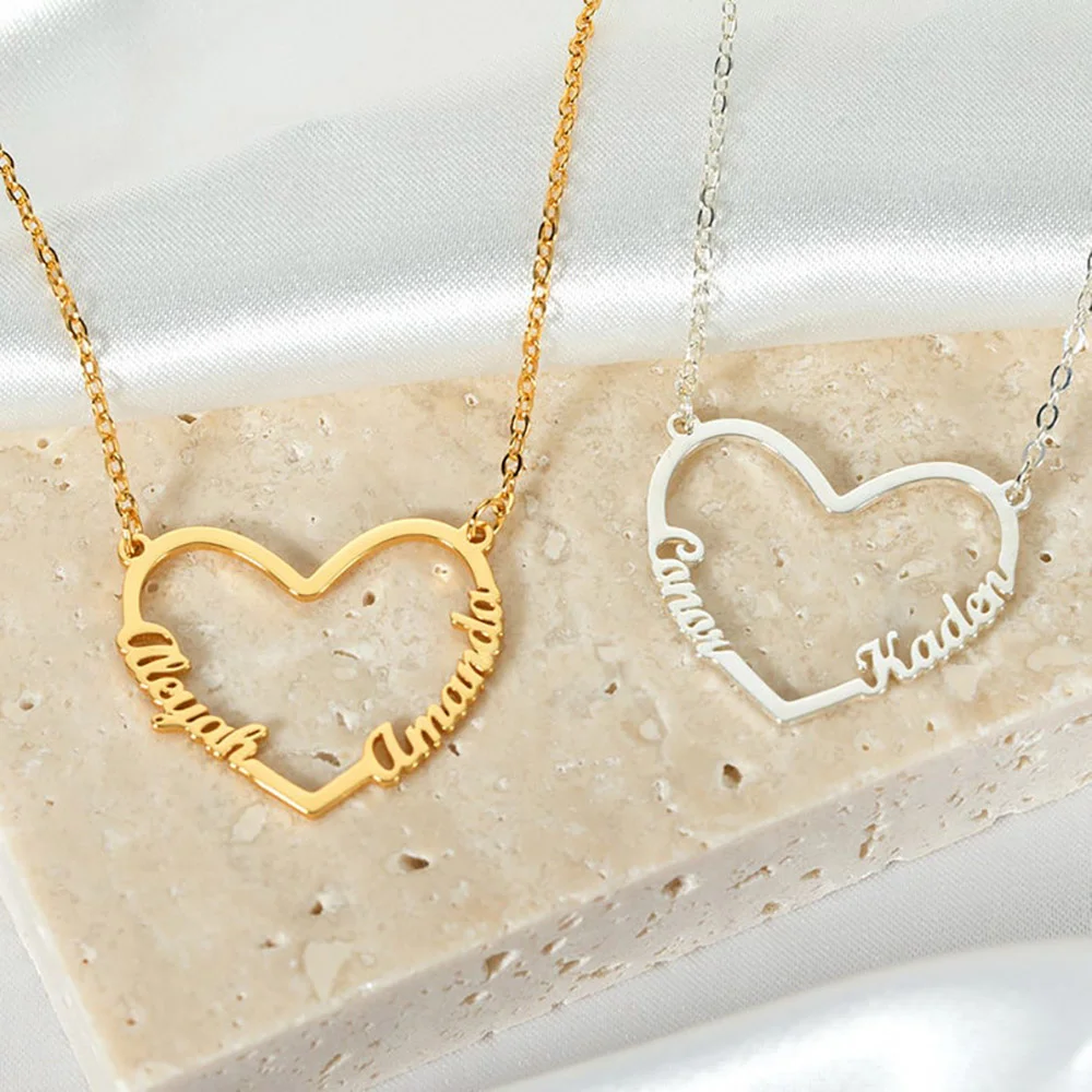

JewelryX Custom Double Names Necklace With Heart Personalized Hollow Pendant Stainless Steel Women Couple Jewelry Best Gift