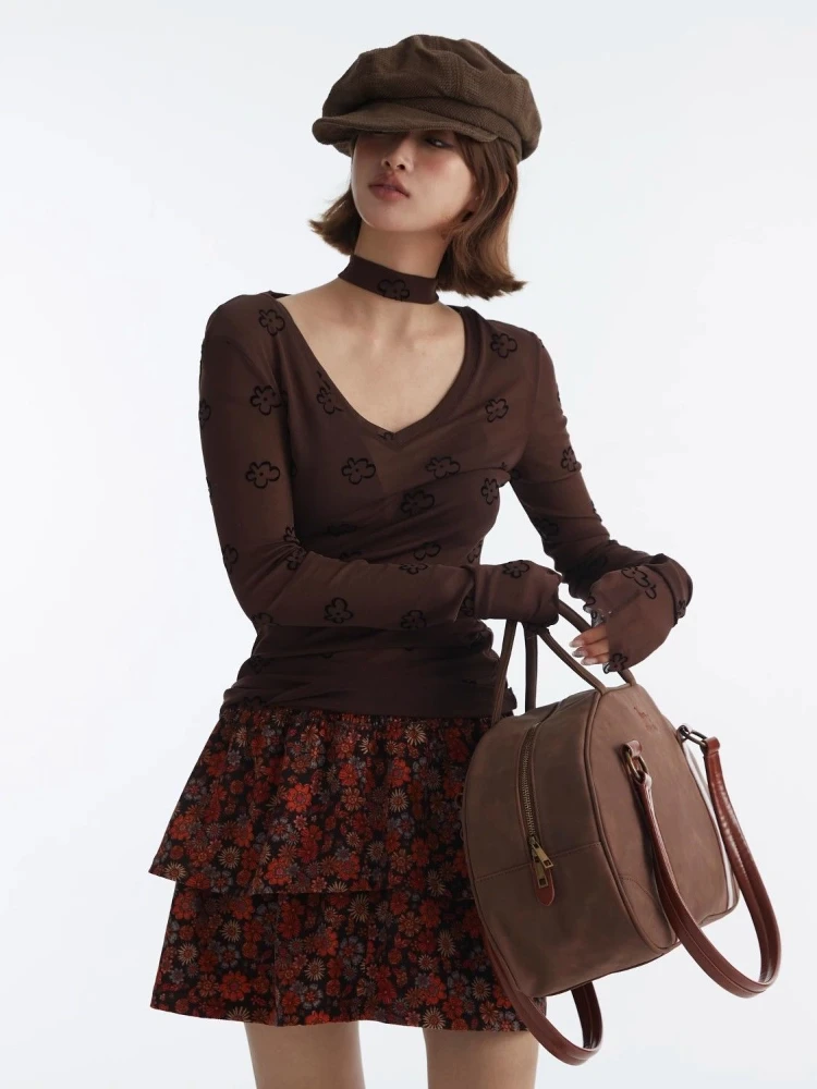 Harajuku See Through Mesn Шарф Топы Женская Цветочный Принт Y2k Эстетическая Футболка Винтаж