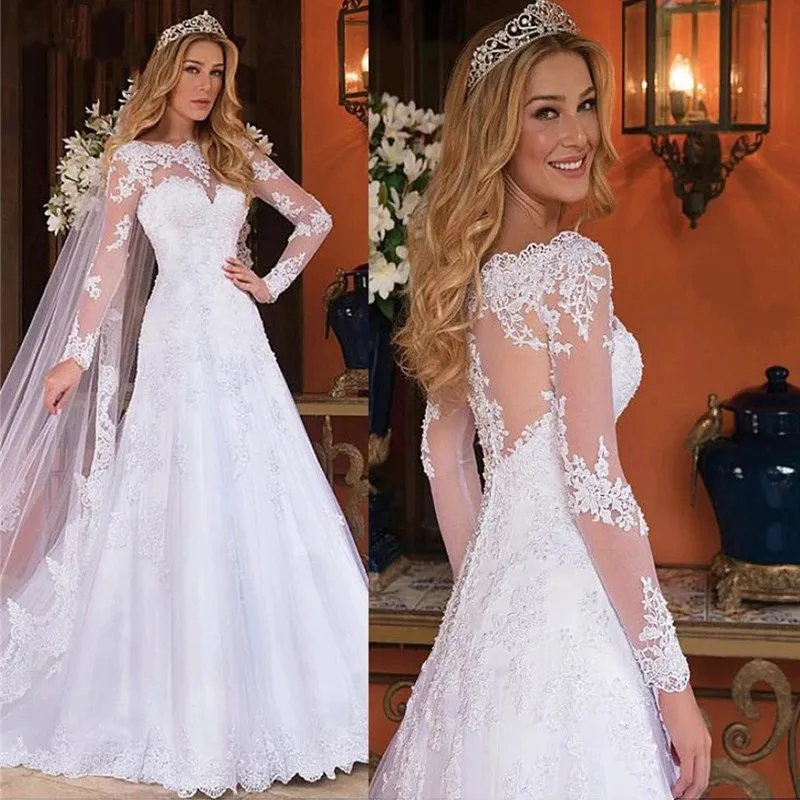 

Gorgeous Long Sleeves Lace Applique Wedding Dresses 2023 For Women Scoop Neck Princess Bridal Gown Sweep Train Vestidos De Novia