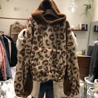 2022 new winter cashmere wool leopard keep warm hoodie lazy wind loose casual korean style hooded fashionable women coat