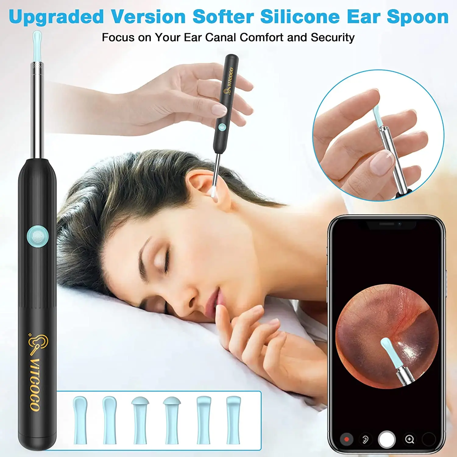 ВИТКОКО Беспроводной очиститель ушной серы с инструментом для камеры 1920P, 6 светодиодными лампами и диаметром 3,9 мм.