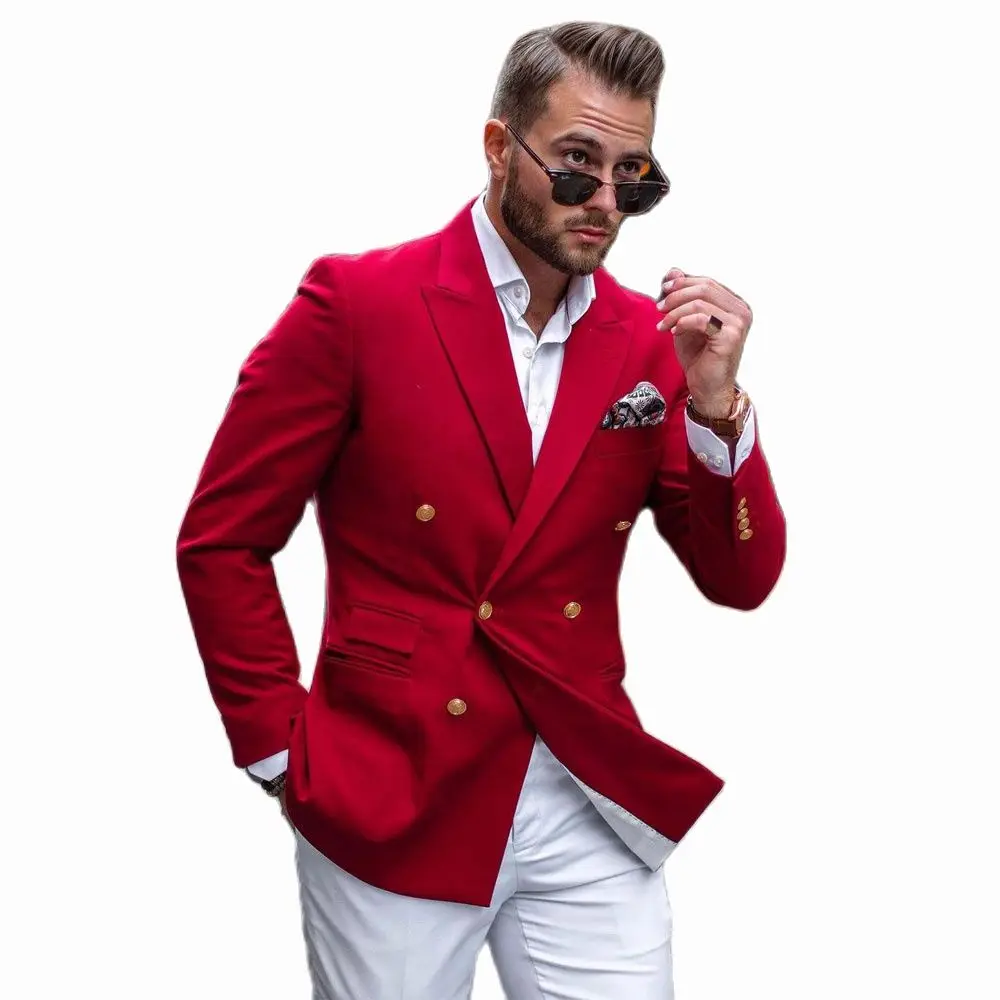 Red Double Breasted Men's Suit Peaked Lapel Blazers Custom Made Male Tuxedos Groom Wear Two Pieces Prom Jacket And White Pants