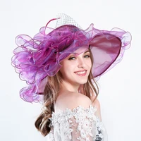 new ladies elegant flower church hats summer large wide brim fedora hat for women organza hat beach sun kentucky derbyhat