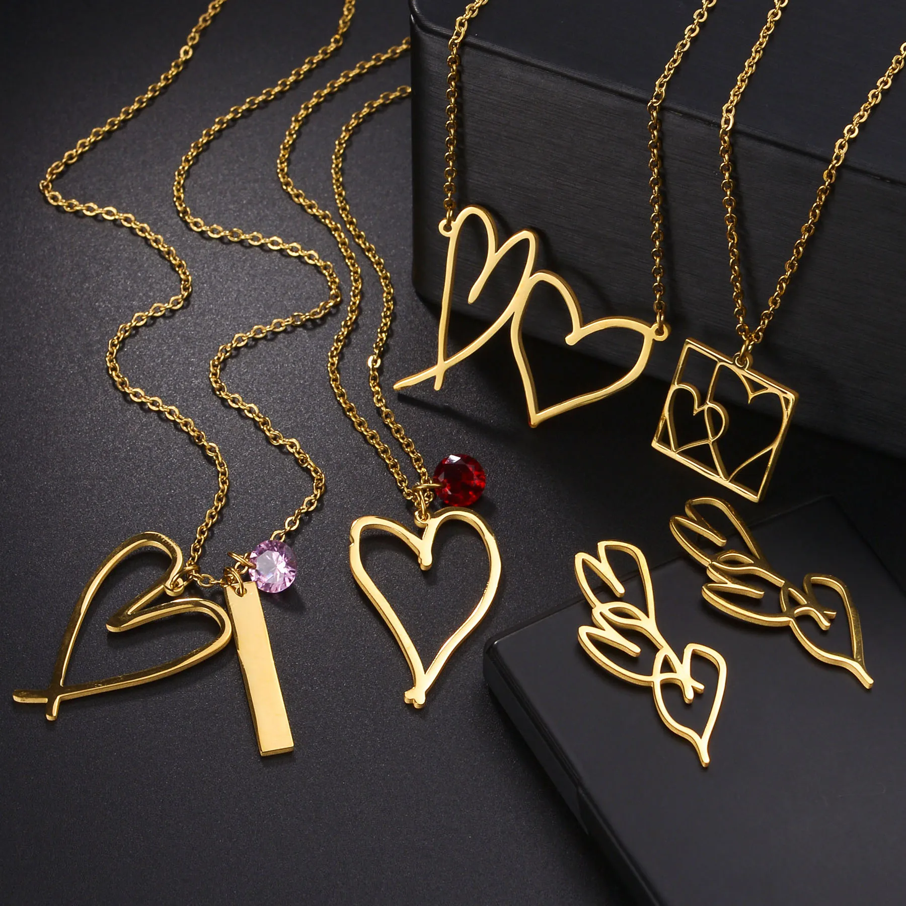 

Acheerup Customized Hand Drawing Necklace for Women Stainless Steel Custom Simple Heart Key Ring Earrings Jewelry Couple Gift