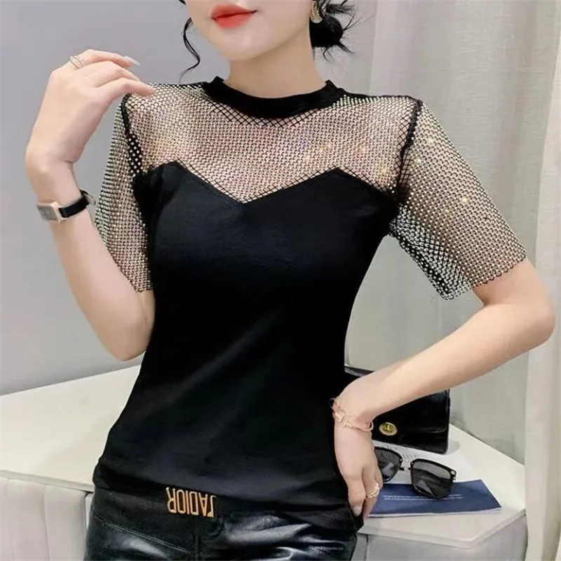 

Sexy Hollow Short-sleeved T-shirt Women's Summer Clothes Hot Drill O-Neck Patchwork Mesh Pullover Thin Diamonds Female Tees Top