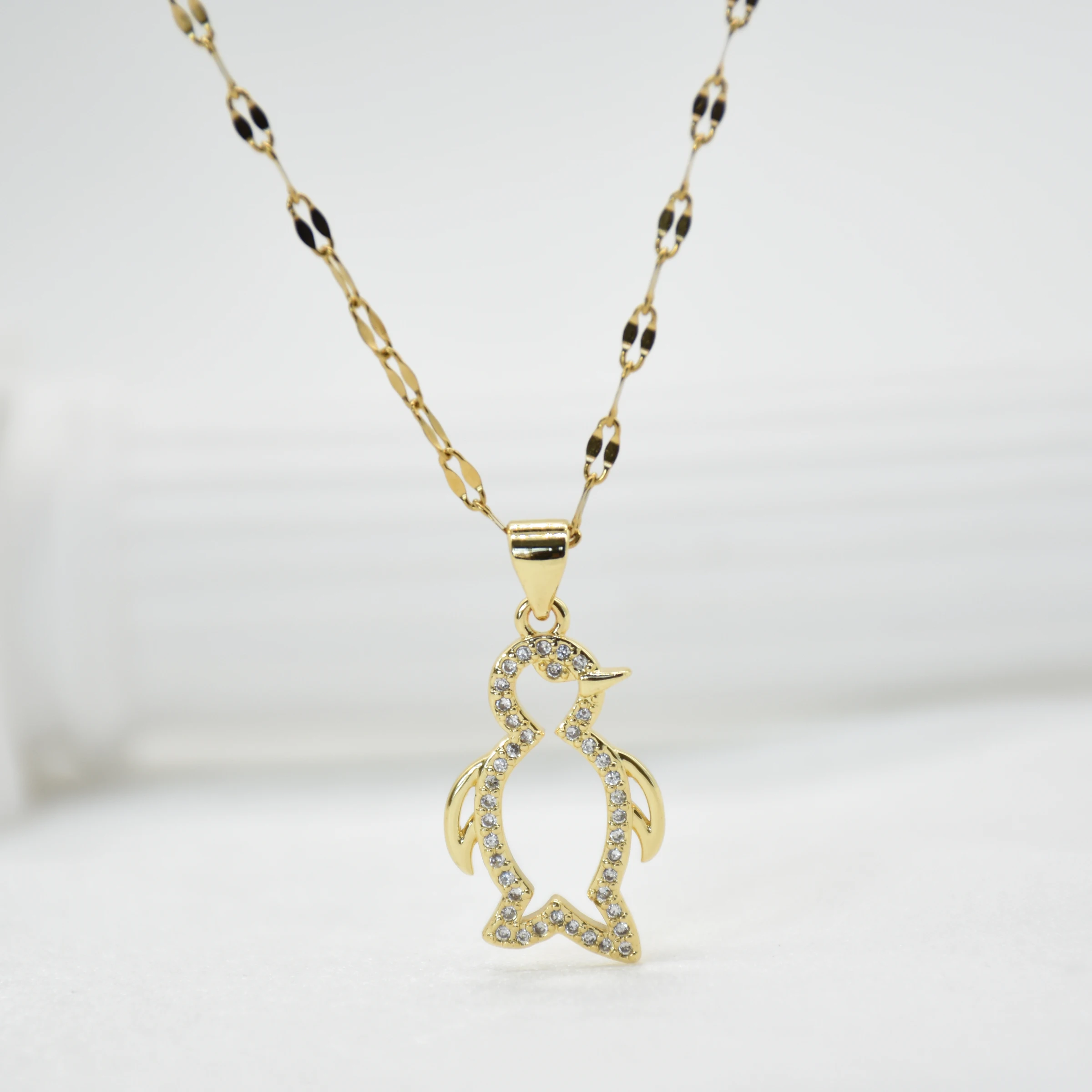 

Gold Plated Cute Penguin Pendants With Zircon Stainless Steel Necklace For Women Fashion Jewelry New In Accessories