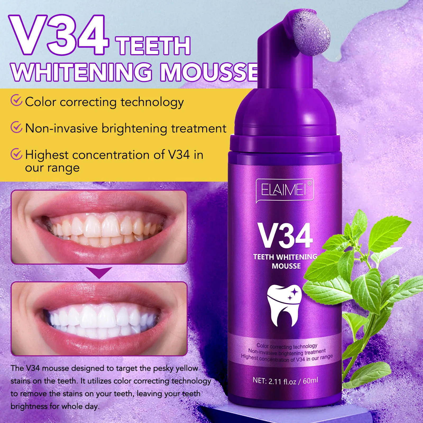 

Purple Mousse Toothpaste Professional Dental Whitening Hismile Bright Tooth Fresh Breath V34 Colour Corrector Teeth Repair Tools