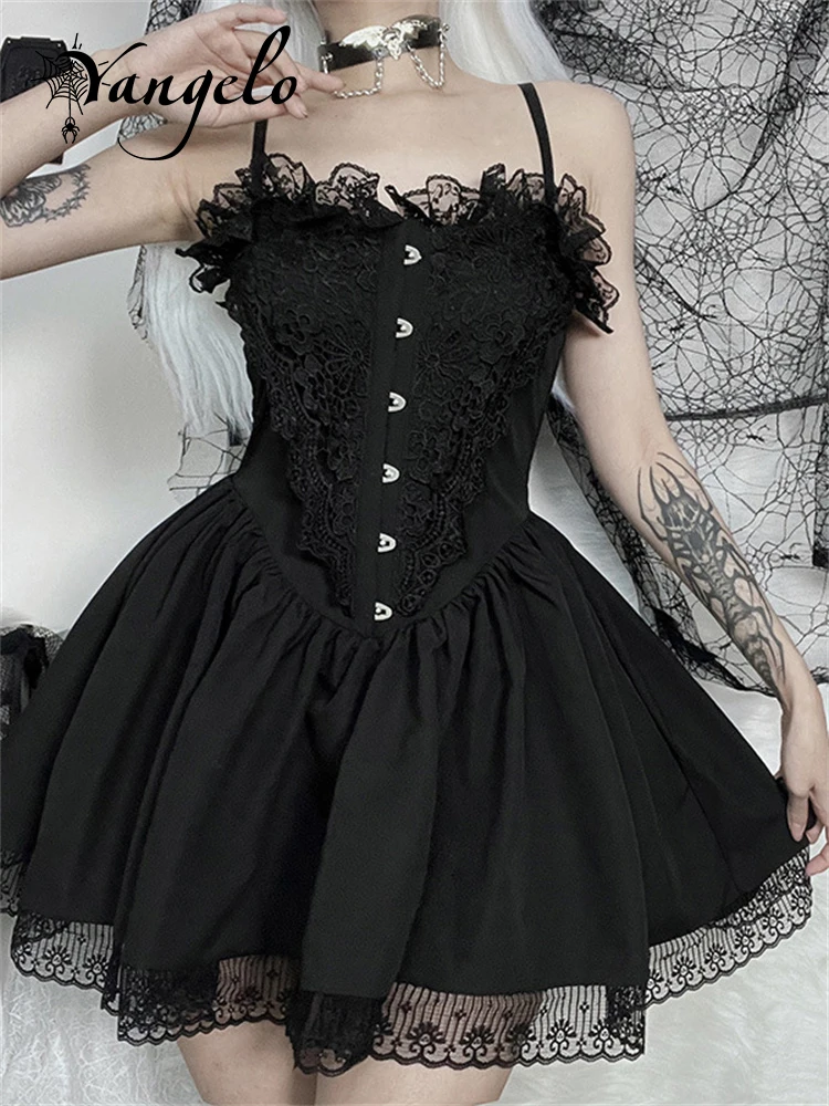 

Женское платье в готическом стиле Yangelo Punk Grunge, черное жаккардовое кружевное платье принцессы на бретельках, облегающая юбка с подтяжками, Клубная юбка