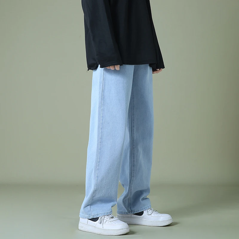 2022 Autumn New Men's Black Denim Wide-leg Pants Streetwear Straight Loose Elastic Waist Jeans Korean Style Trousers Male