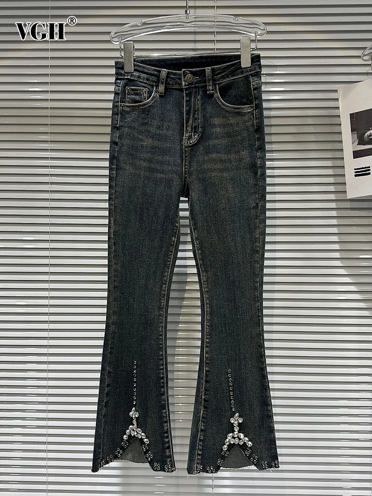 

Женские джинсовые брюки с высокой талией VGH, однотонные лоскутные брюки-клеш с асимметричным подолом и карманами, облегающие брюки с бриллиантами, Новинка