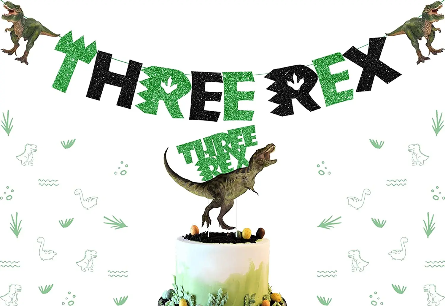 

Three Rex Dinosaur Cake Topper Banner Kit Dinosaur 3rd Birthday Decorations Green Black Three Rex Party Supplies for Boys