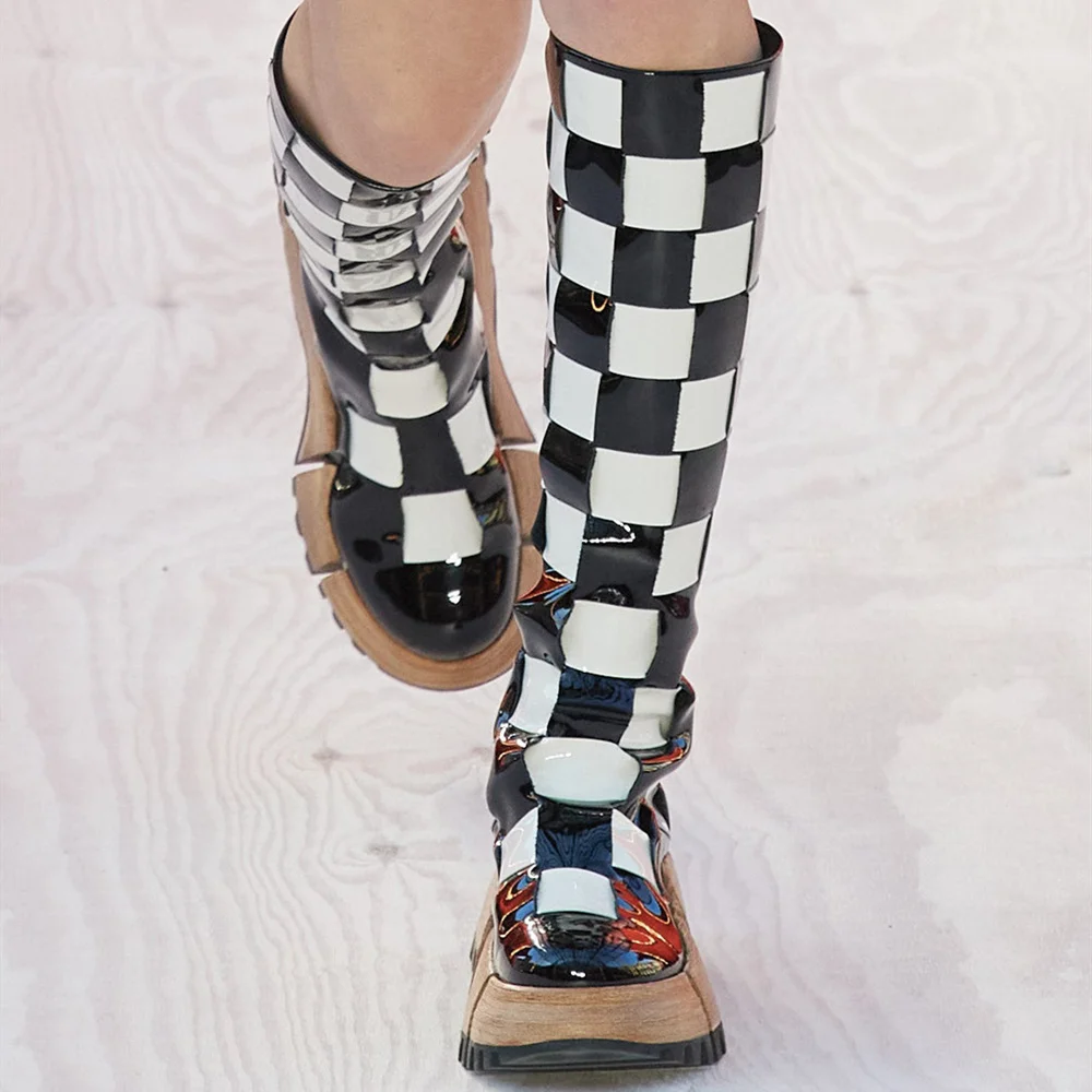 Women Black White Leather Chelsea Boots Platform Zipper Lattice Designer Knee High Boots 2023 New Round Toe Thick Sole Shoes