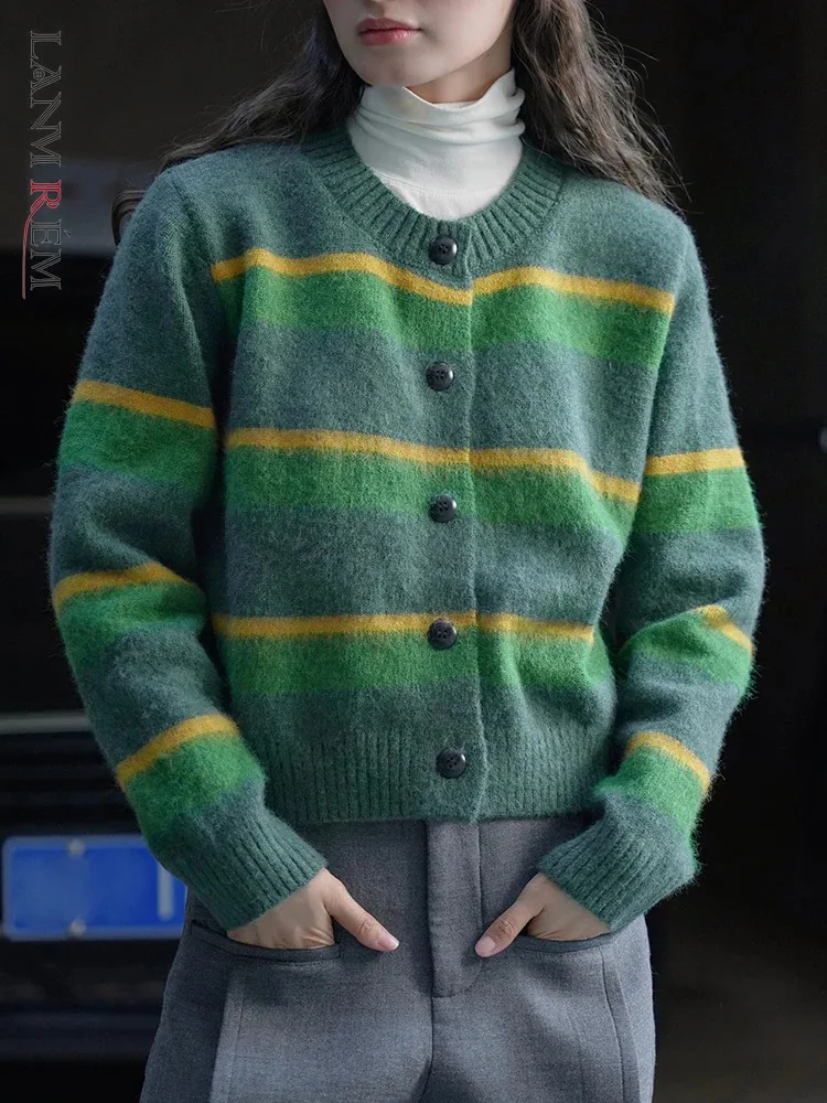 

[LANMREM] Vintage Striped Knitting Cardigan Sweater For Women Round Neck Single Breasted Warm Tops 2023 Winter New 26D7323