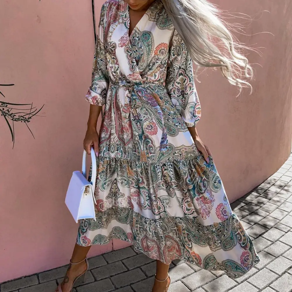 

Maxi Dress Long Sleeves Women Dress Mid-calf Length Loose Hem Maxi Dress
