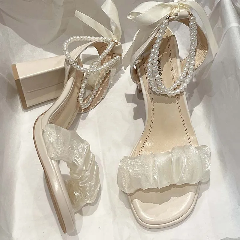 Clear Heels Party Sandals Woman 2023 Cross Buckle Strap Female Shoe Med Cross-Shoes High Girls  Medium Fashion Summer Block Bow