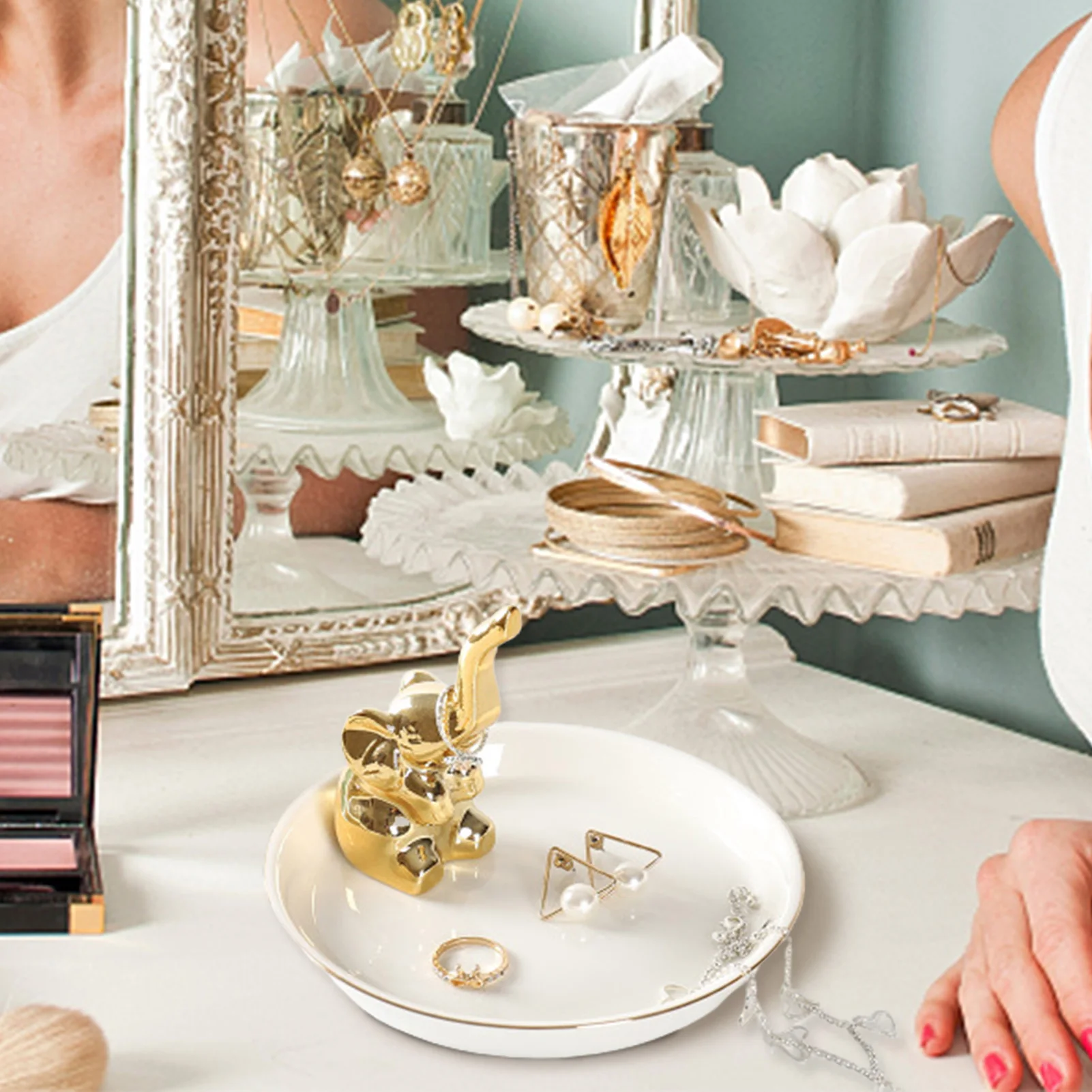 

Ring Holder Dish Ceramic Jewelry Holder With Derorative White Dish Cactus / Golden Elephant Trinket Dish Tray Home Office Decor