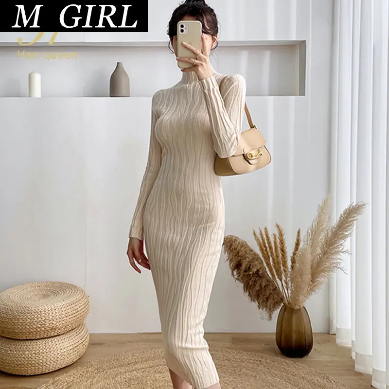 

M GIRLS Queen New Casual Elasticity Knitted Bodycon Dress Bottoming Sweater Autumn Winter Midi Party Pencil Sheath Dresses