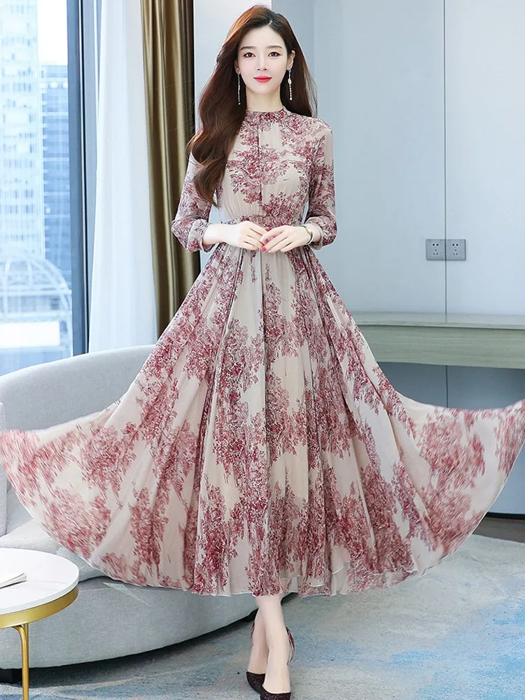 

Vintage Chiffon Floral Print Long Sleeve Dress Women 2022 Summer Ladies Fashion Elegant O-neck Collar Slim Party Dresses Vestido