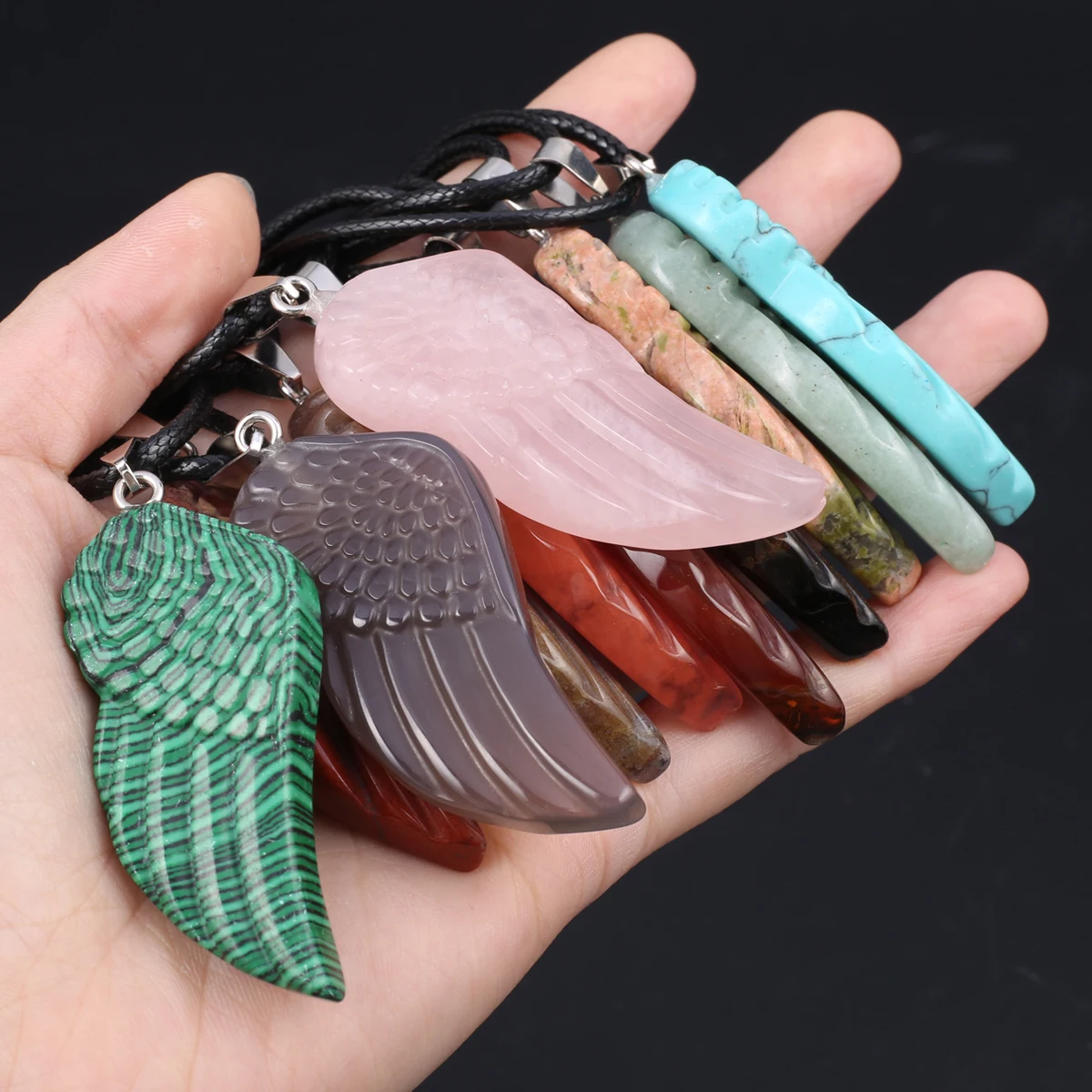 

Natural Semi-precious Bule Turquoise Malachite Angel Wing Shape Pendant Rope Chain Necklace Lovers Jewelry Charm Gift 56X24mm