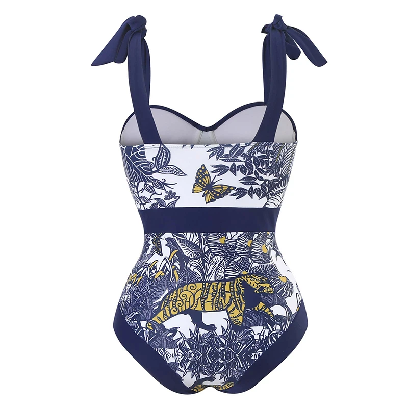 Lanswe One Piece Push Up Swimwear Women Padded Sling Swimsuit Vintage Printed Bikini Bath Suit Chiffon Long Skirt Suit