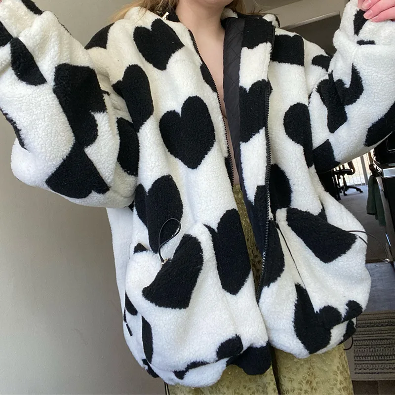 Love Print Lamb Fleece Jacket Hong Kong Style Men's and Women's Couples Loose Hooded All-match Padded Clothes Winter Coat Women