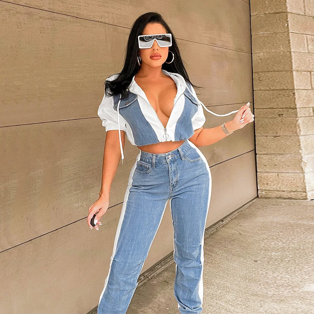 

Casual Jean Patchwork Women's Tracksuit Short Sleeve Hooded Tops Jogger Pants Suit Fashion Active Two 2 Piece Set Outfit