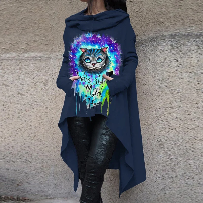 

Y2K Fashion Printed Irregular Hem Oversize Female Long Sleeve Hooded Cloak Pullover Women's Sweatshirt Halloween Witch Hoodies