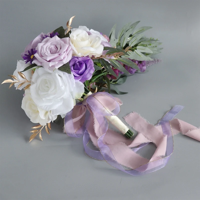 

Cascading Wedding Bridal Bouquet Teardrop Bride Holding Bouquets with Artificial Rose Long Ribbon for Wedding Church B03D