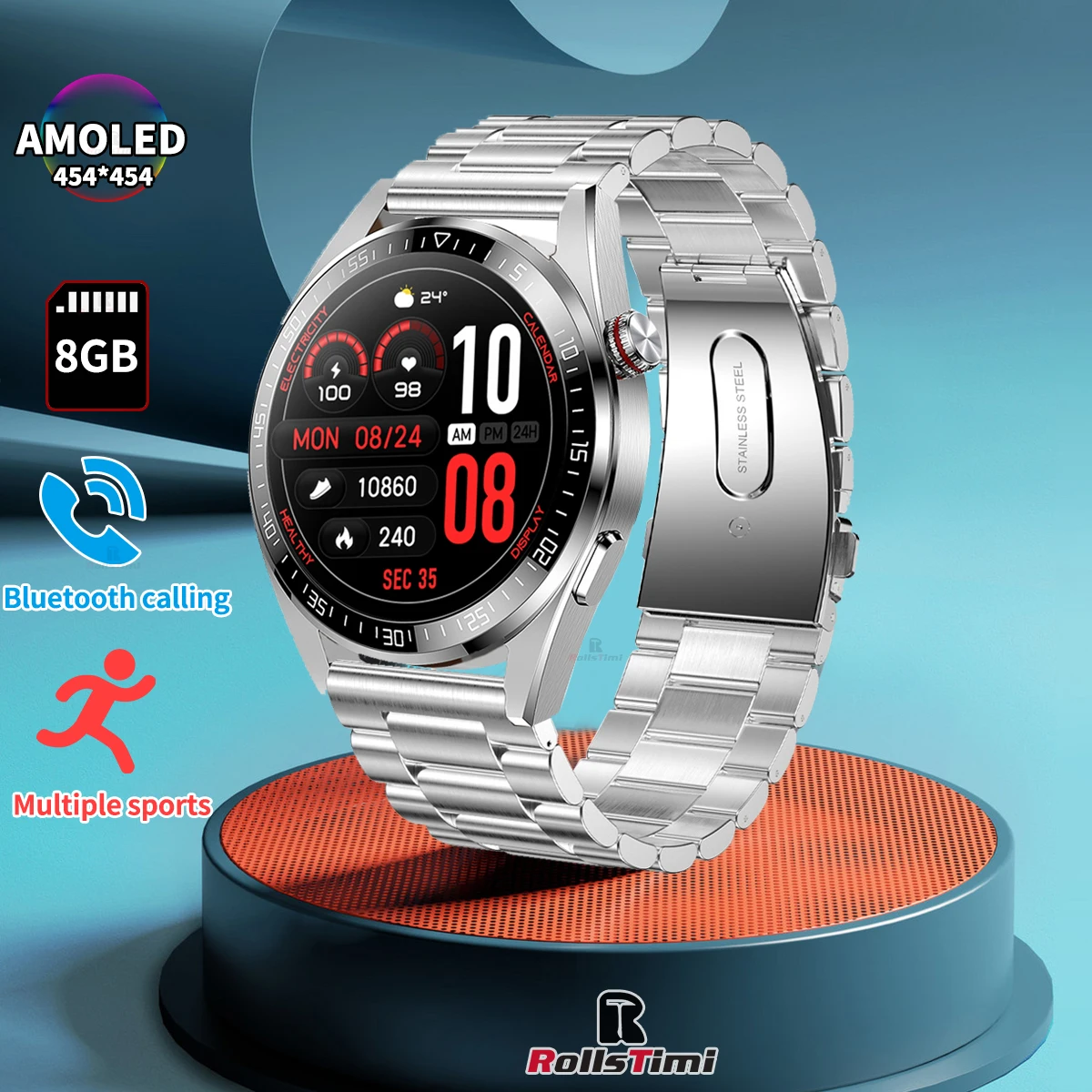 Rollstimi Smart Watch 454*454 Screen Bluetooth Call Local Music 8GB RAM Smartwatches For Men Android TWS Earphones XIAOMI 2022