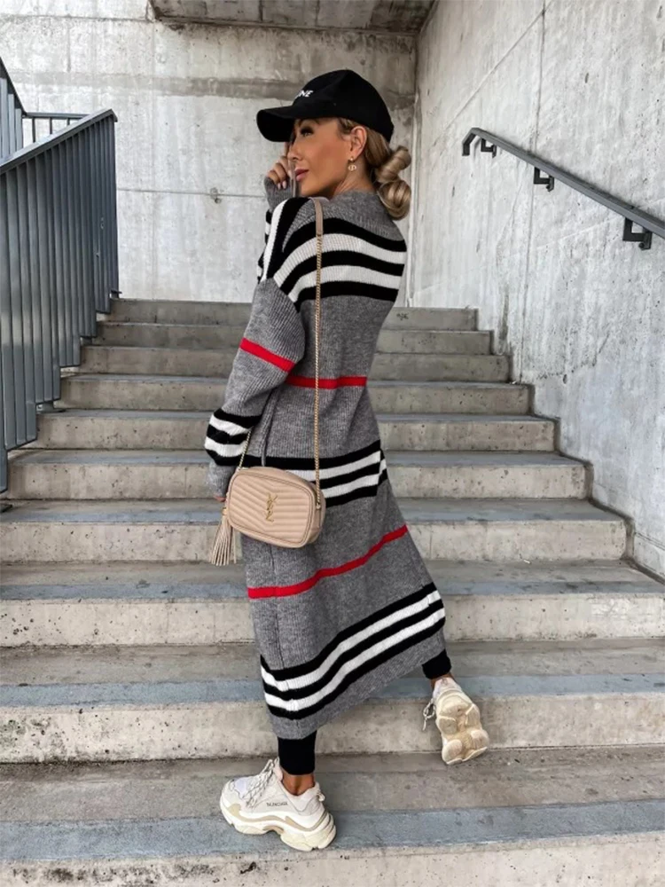 Plus Size 2022 Autumn And Winter Coat Long Cardigan Casual Striped Knitted Sweater Jackets For Women Coats Female Clothing