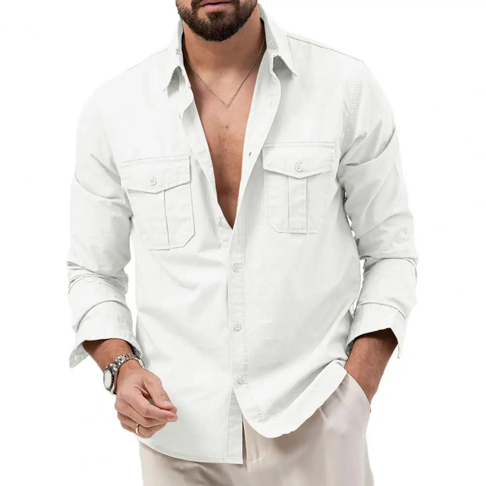 

Рубашка мужская однобортная на пуговицах, Свободный Повседневный деловой топ с лацканами, карманами средней длины, однотонная, на осень-весну