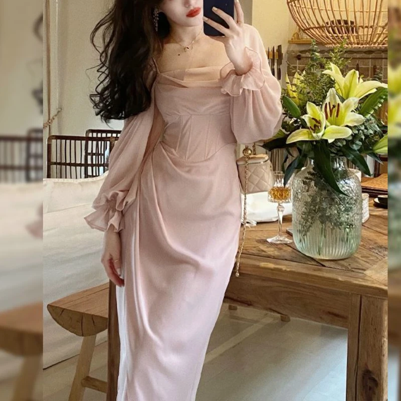 

Autumn Solid Elegant Fairy Dress Women Casual One Piece Party Midi Dress Female Lace Korean Fashion Vintage Chic Dress 2022 New