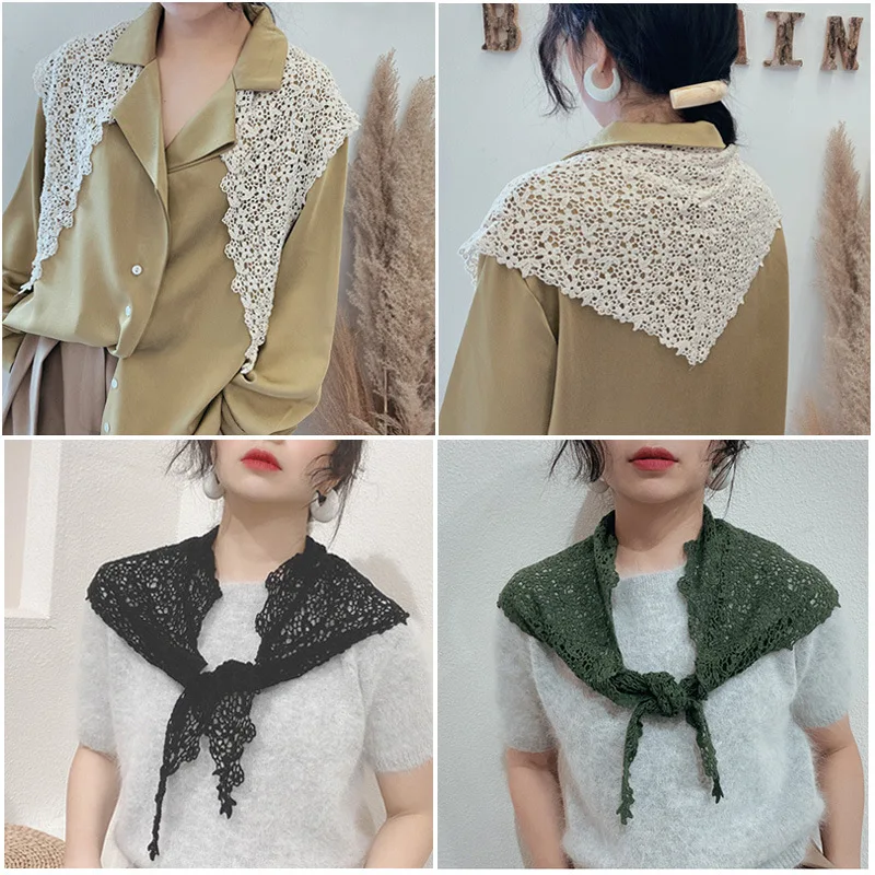 

Solid Lace Floral Triangle Scarf Women Elegant Detachable Collar Knitted Crochet Floral Shirt Wraps Shawl Clothes Accessories