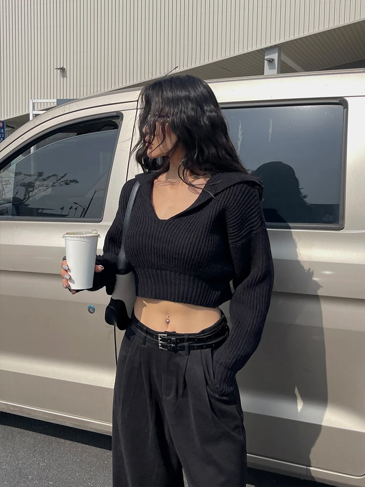 Женский короткий пуловер с большими лацканами свитер длинным рукавом Осенний