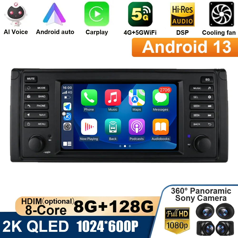 

7Inch QLED Android 13 System For BMW 5 Serie E39 X5 E53 M5 1995 - 2006 Wireless Carplay Auto Car Raido Multimedia SWC RDS DSP BT