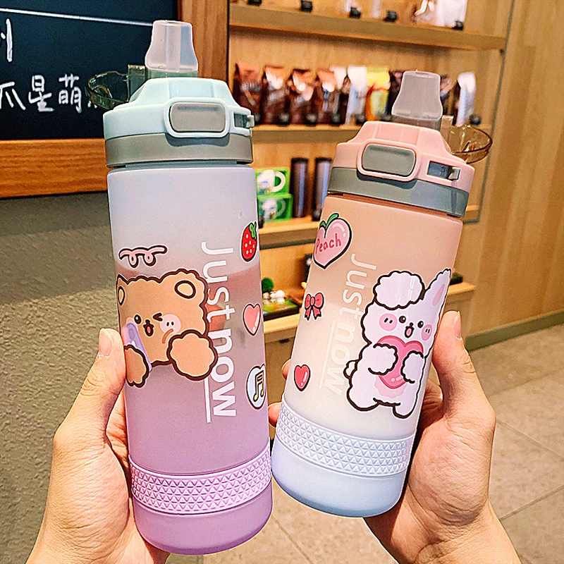 

500/600ml Kawaii Frosted Gradient Water Bottle For Children Girls Plastic Creative Portable Milk Juice Cartoon Drinking Bottles