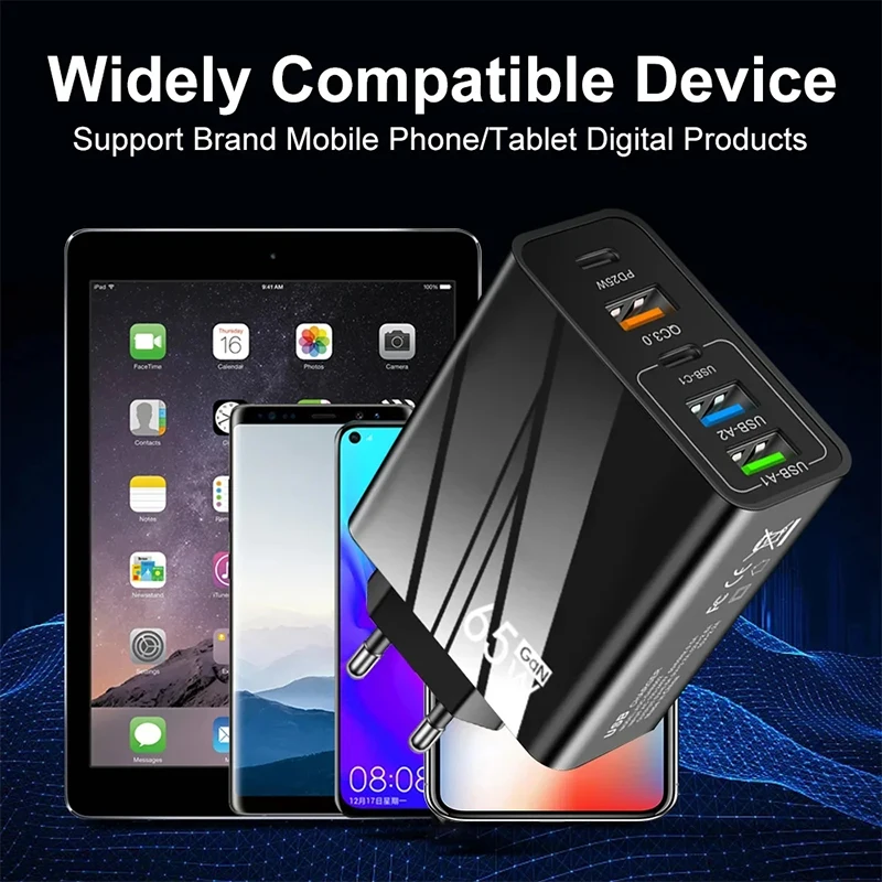 65W USB Charger 5 Ports Type C Fast Charging QC3.0 Power Adapter For iPhone 15 Samsung Xiaomi Quick Charge Wall Chargers