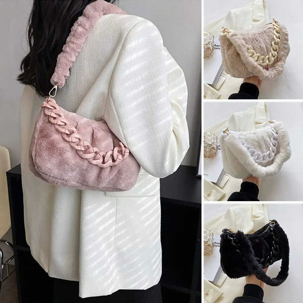 

Soft Plush Shoulder Bags Trendy Solid Color Large Capacity Handle Bag Underarm Bag Winter