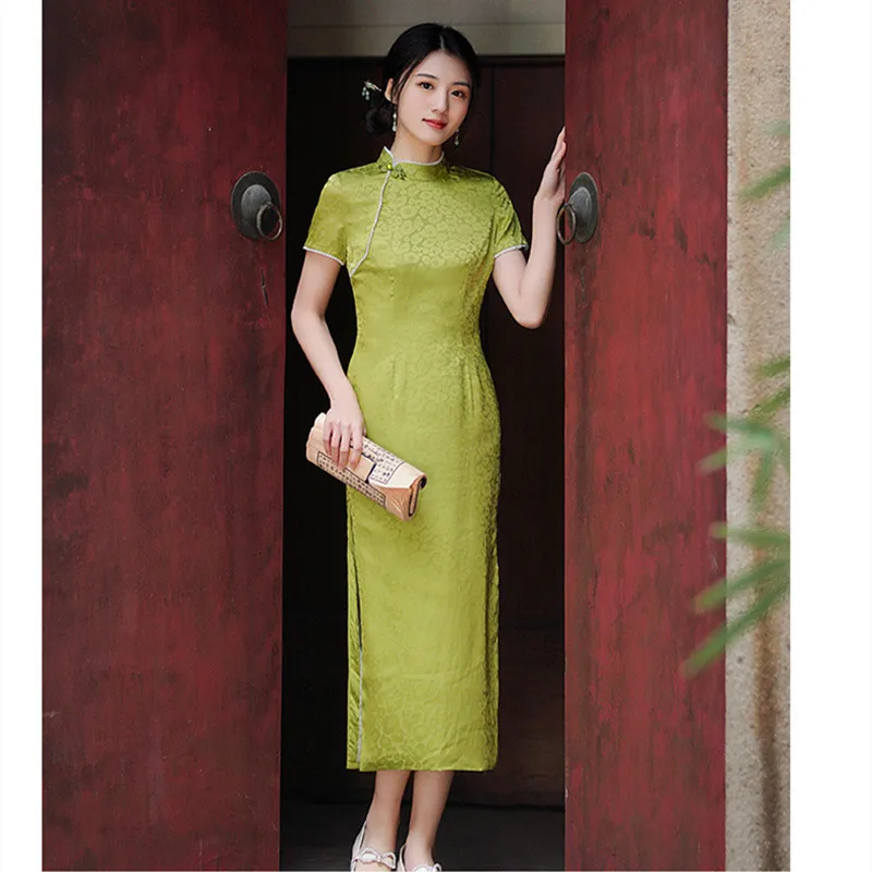 Chinese Beaded Mandarin Collar Short Sleeve Greeen Jacquard Satin Long Style Qipao Fashion Vintage Women Girls Cheongsam Dress images - 6