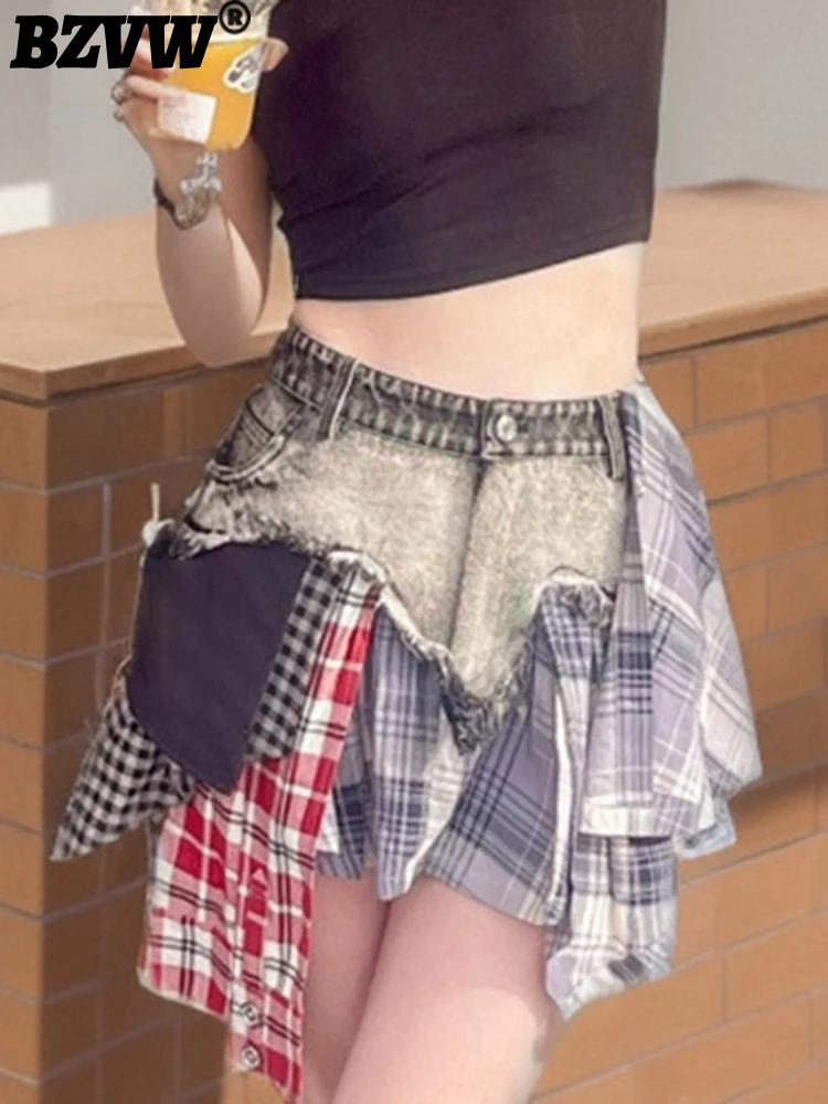 

BZVW High Street Designer Spliced Plaid Denim Short Skirts Women's 2023 A-line Y2k Mini Skirt Casual Fashion Female 25X2281