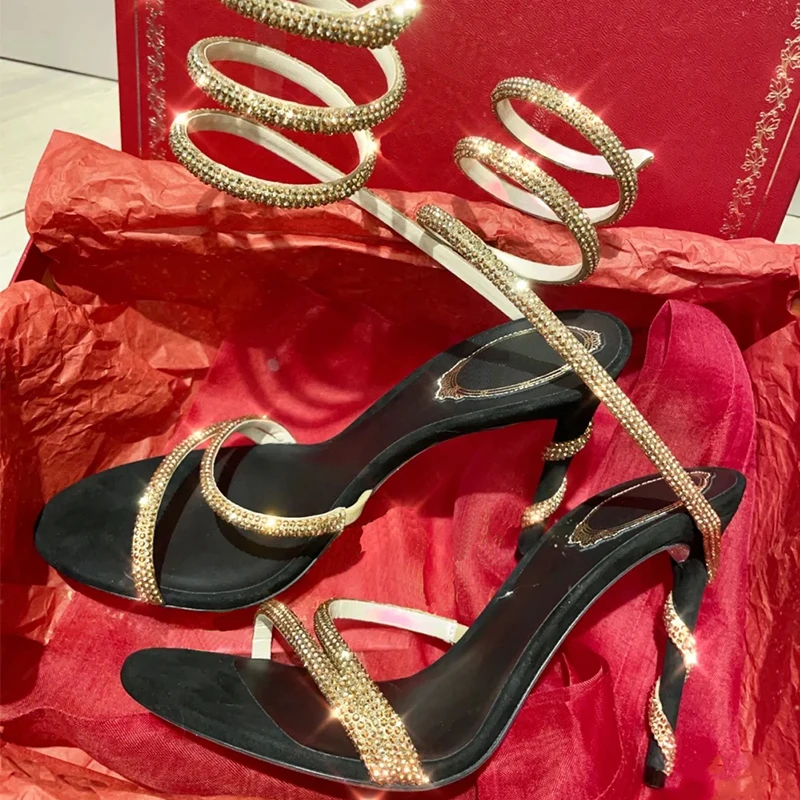 High end 2023 New High Heels, Rhinestone Snake Wrapped Slim Heels, Open Toed French Slim Sandals for Women